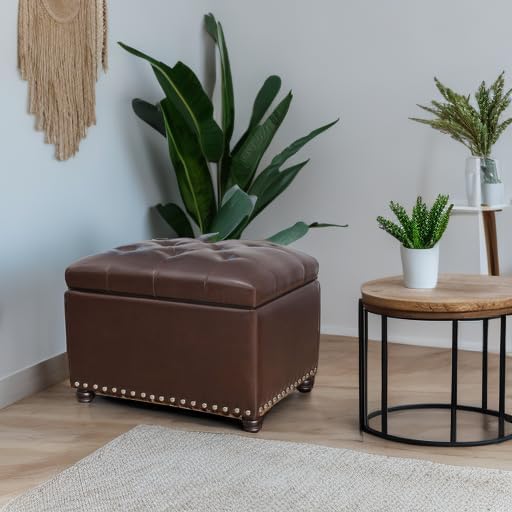 Brown Faux Leather Rectangular Storage Ottoman Bench