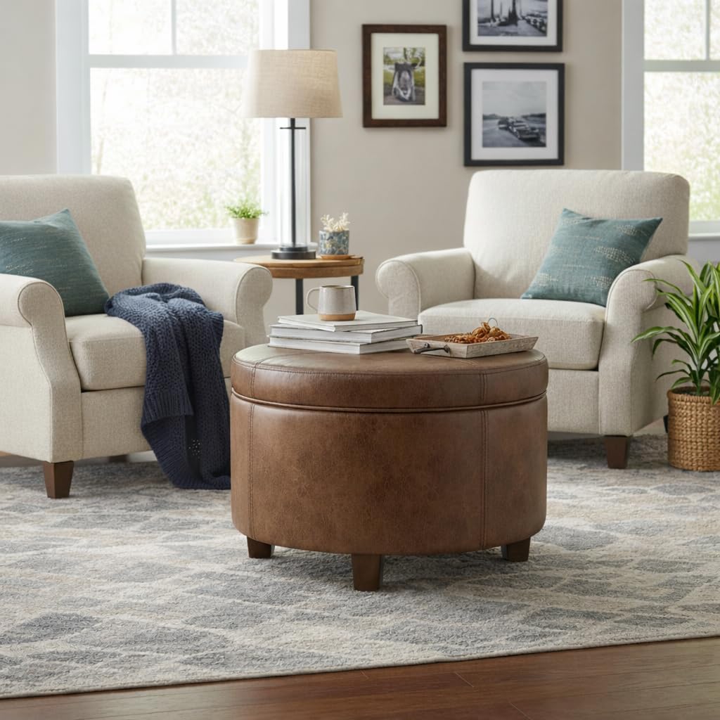 Distressed Brown Faux Leather Storage Ottoman Bench