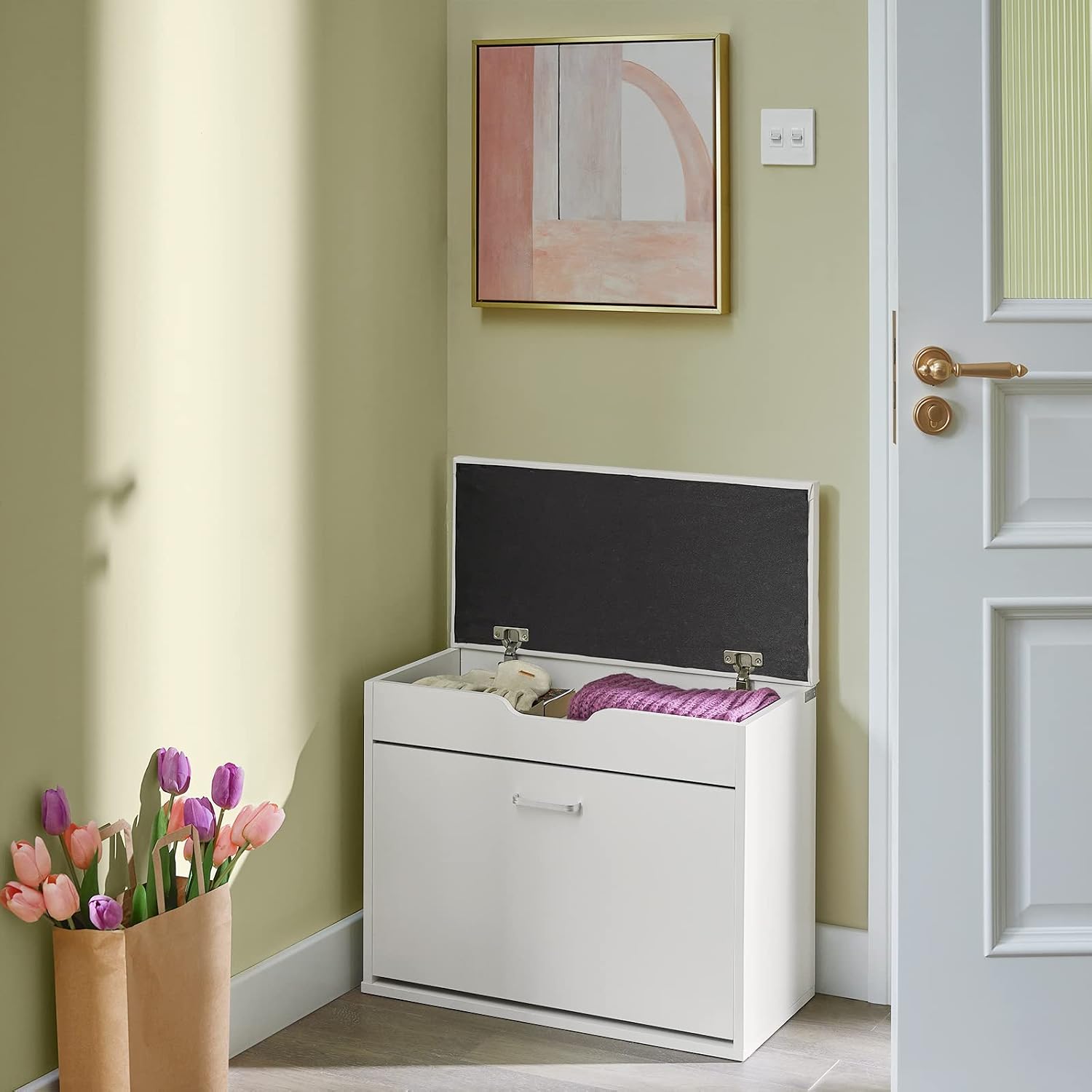 White Narrow Padded Foldable Shoe Storage Bench