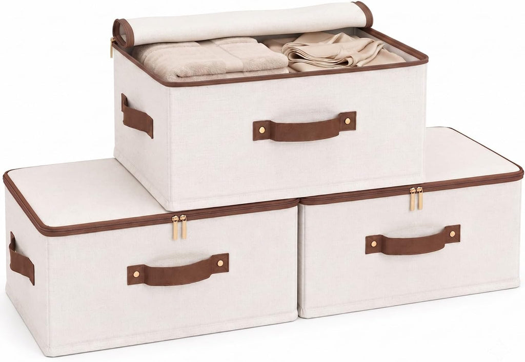 Beige Linen Foldable Zipper Storage Cubes