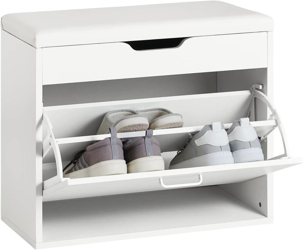 White Narrow Padded Foldable Shoe Storage Bench