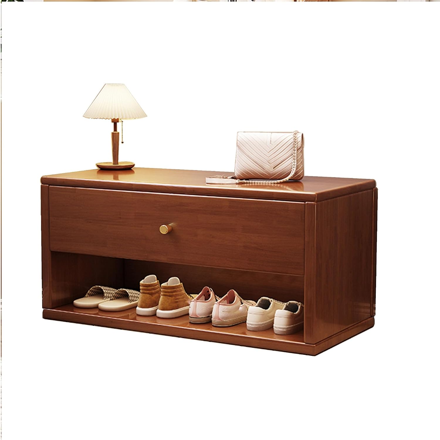 Walnut Drawer Entryway Shoe Storage Bench