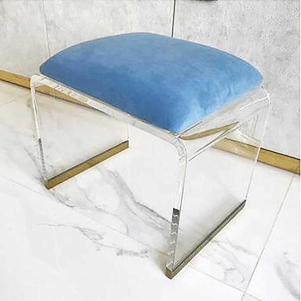 Blue Velvet Acrylic Vanity Ottoman Stool