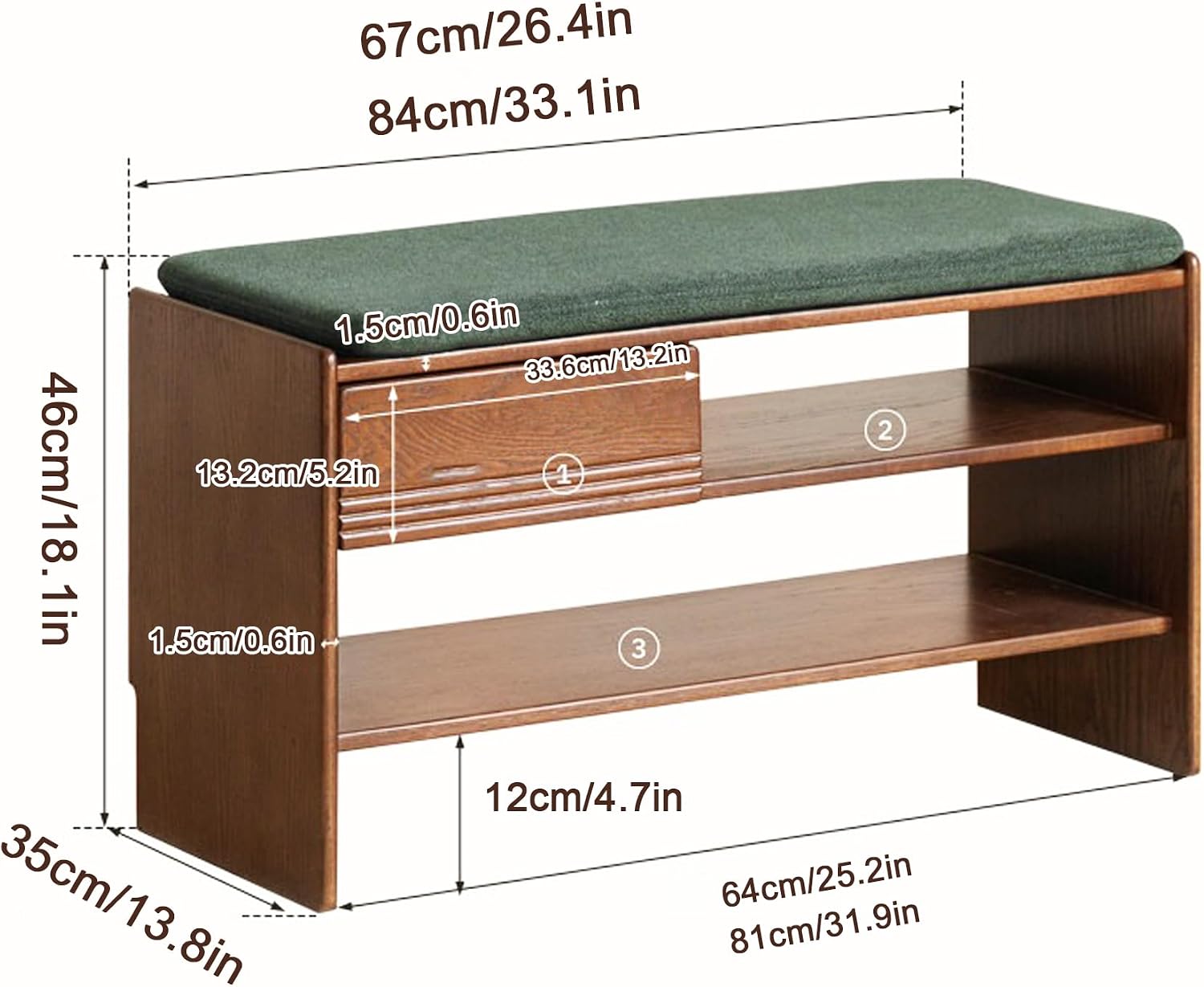 Green Wooden Tiered Cushioned Shoe Storage Bench