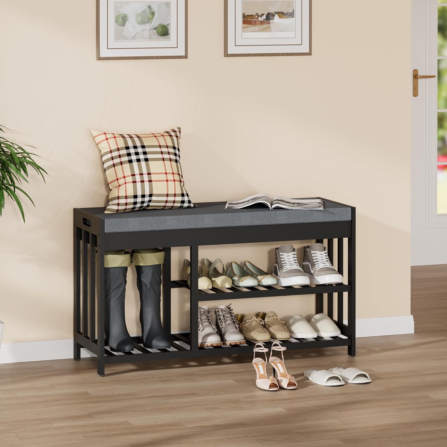 Bamboo Cushioned Flip Top Shoe Storage Bench