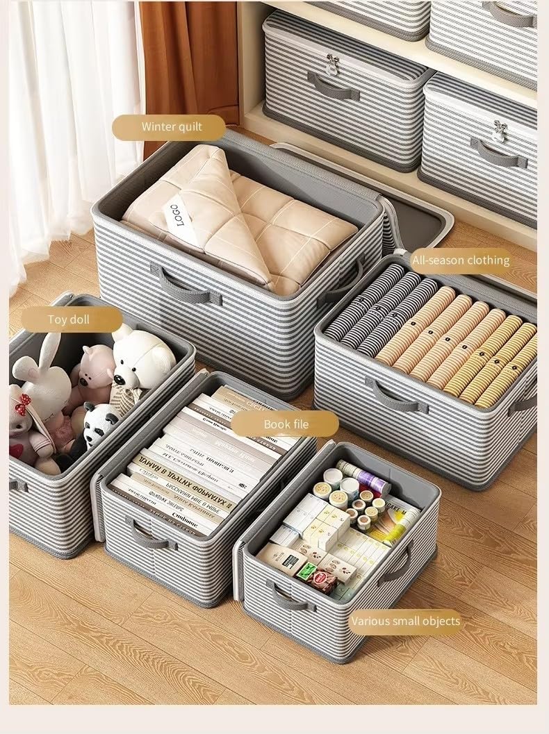 Gray Striped Fabric Lidded Storage Containers