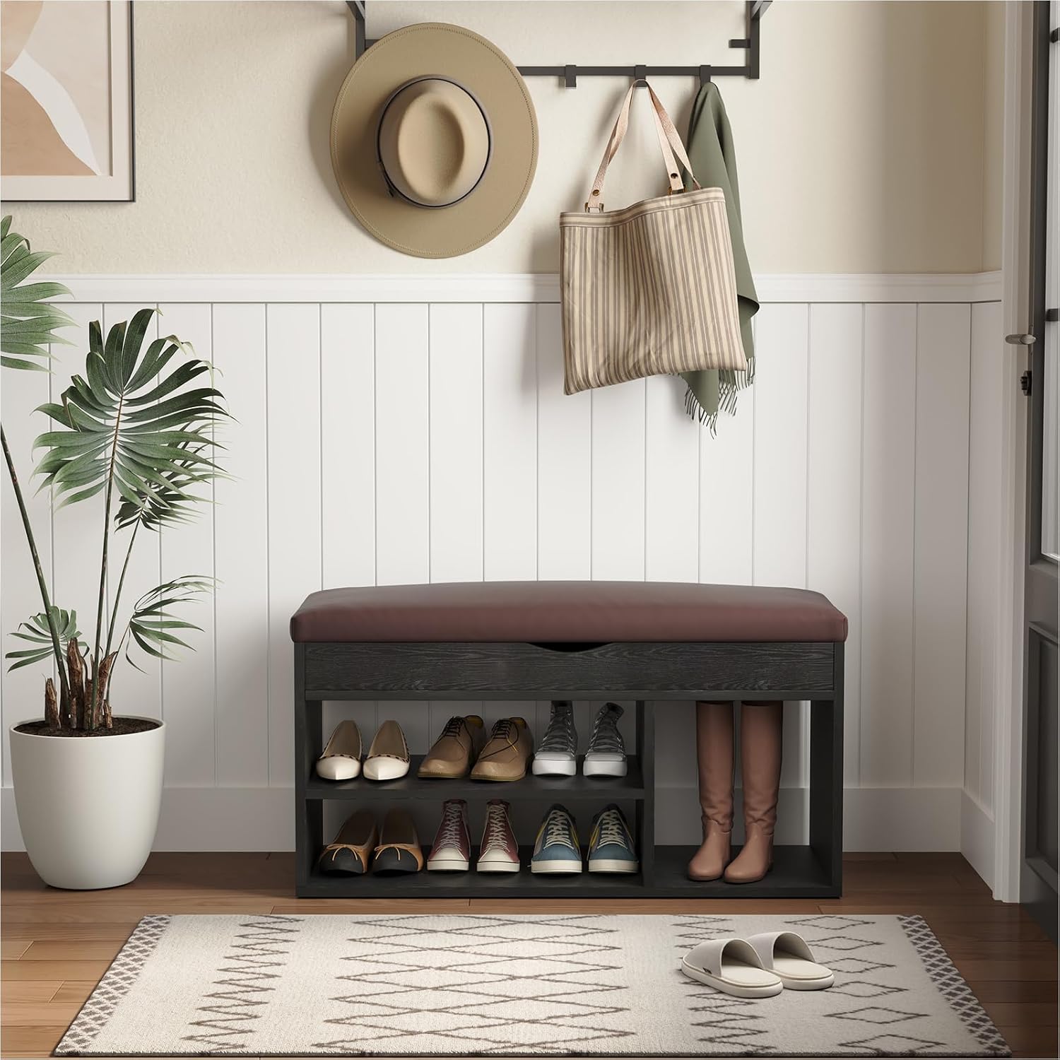 Wooden Cushioned 2 Tier Shoe Storage Bench