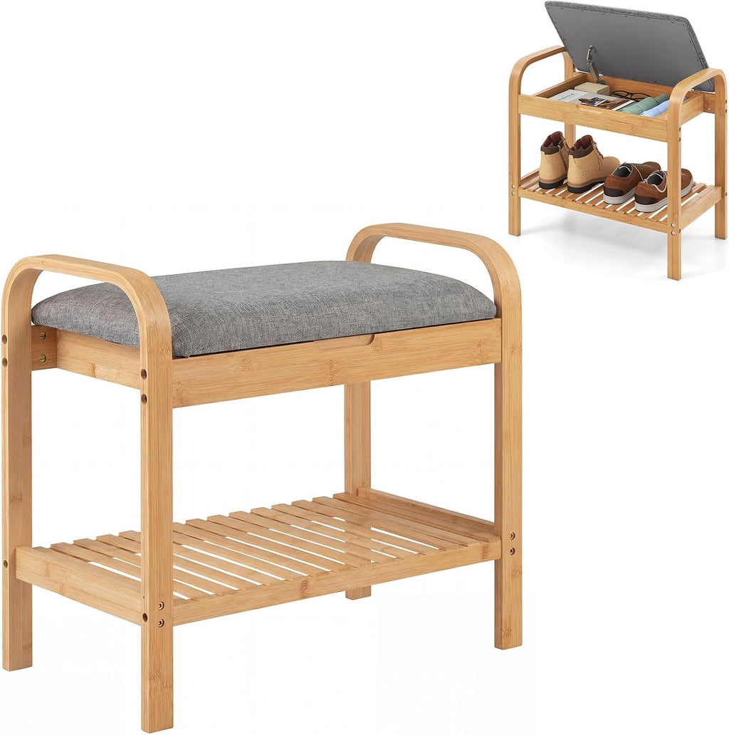 Natural Bamboo Flip Top Cushioned Shoe Bench