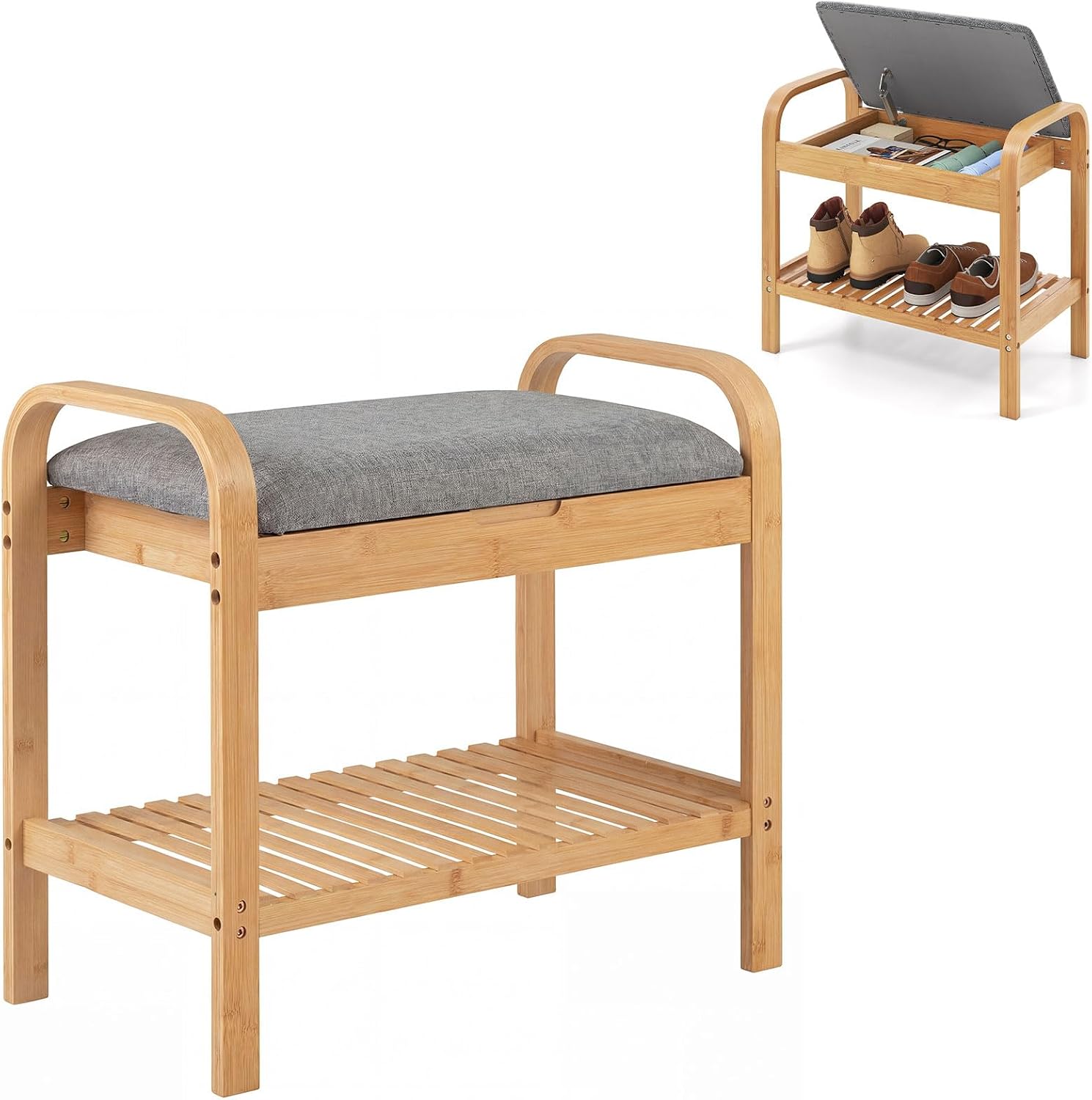 Natural Bamboo Flip Top Cushioned Shoe Bench