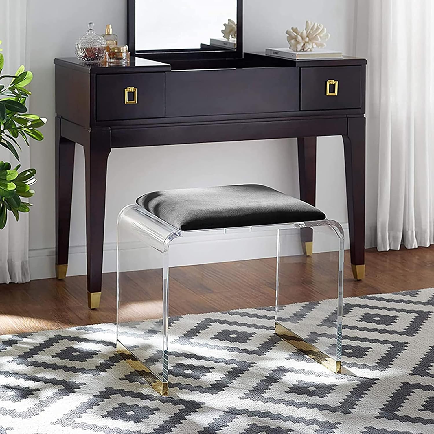 Blue Velvet Acrylic Vanity Ottoman Stool
