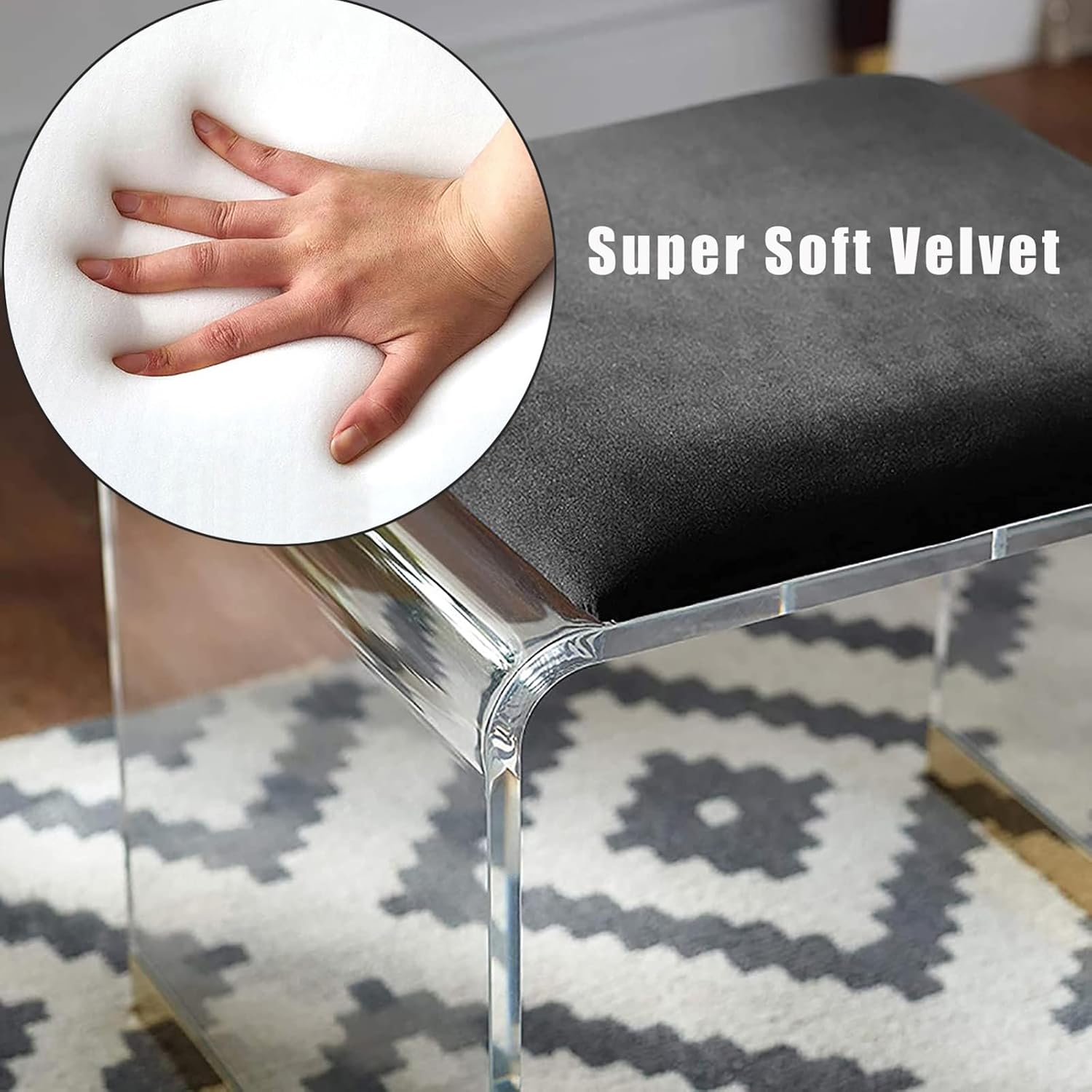 Blue Velvet Acrylic Vanity Ottoman Stool