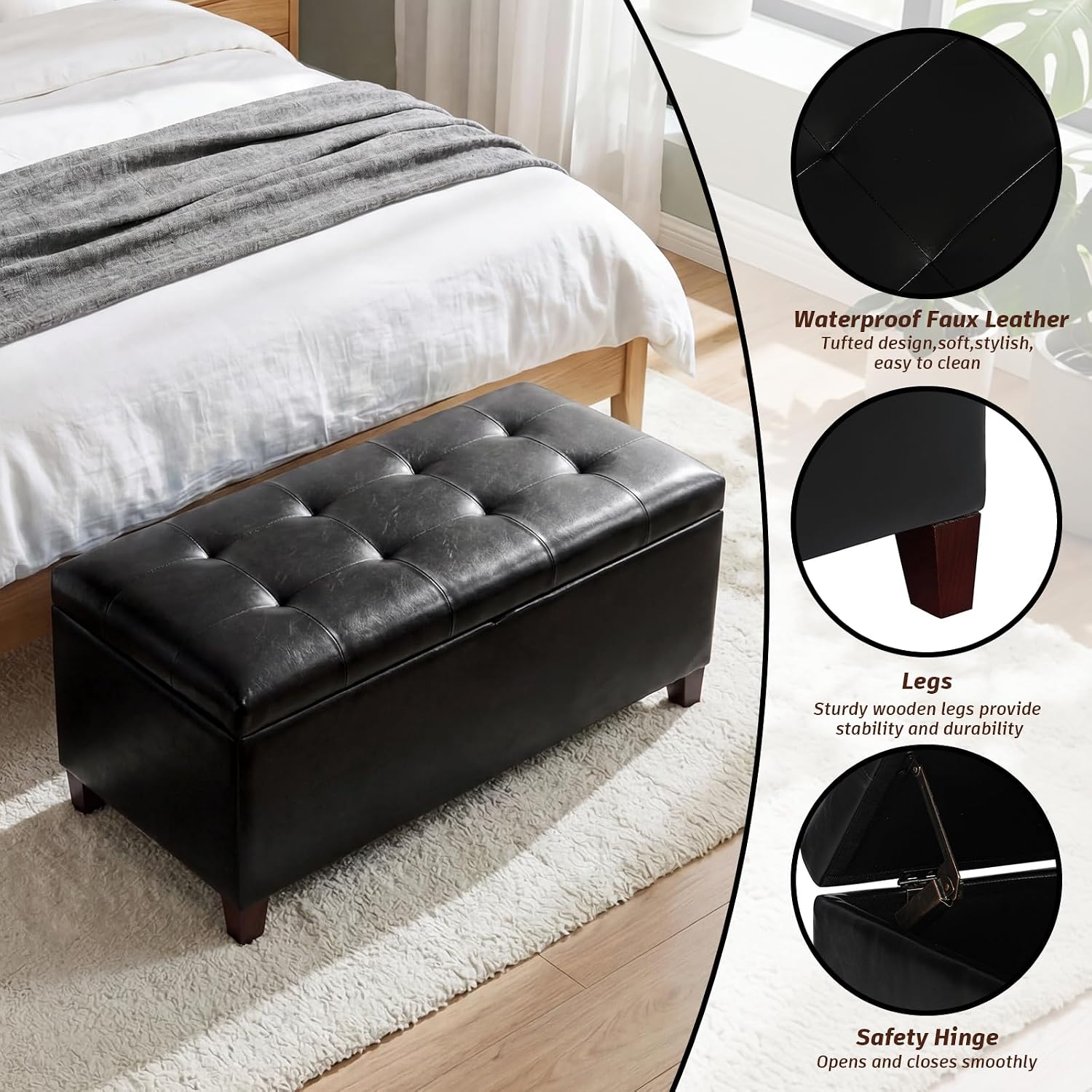 Black Faux Leather Tufted Storage Ottoman Bench