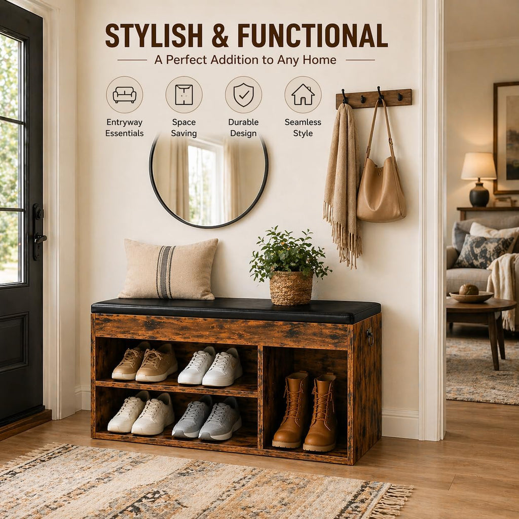 Rustic Brown Lift Top Shoe Storage Bench