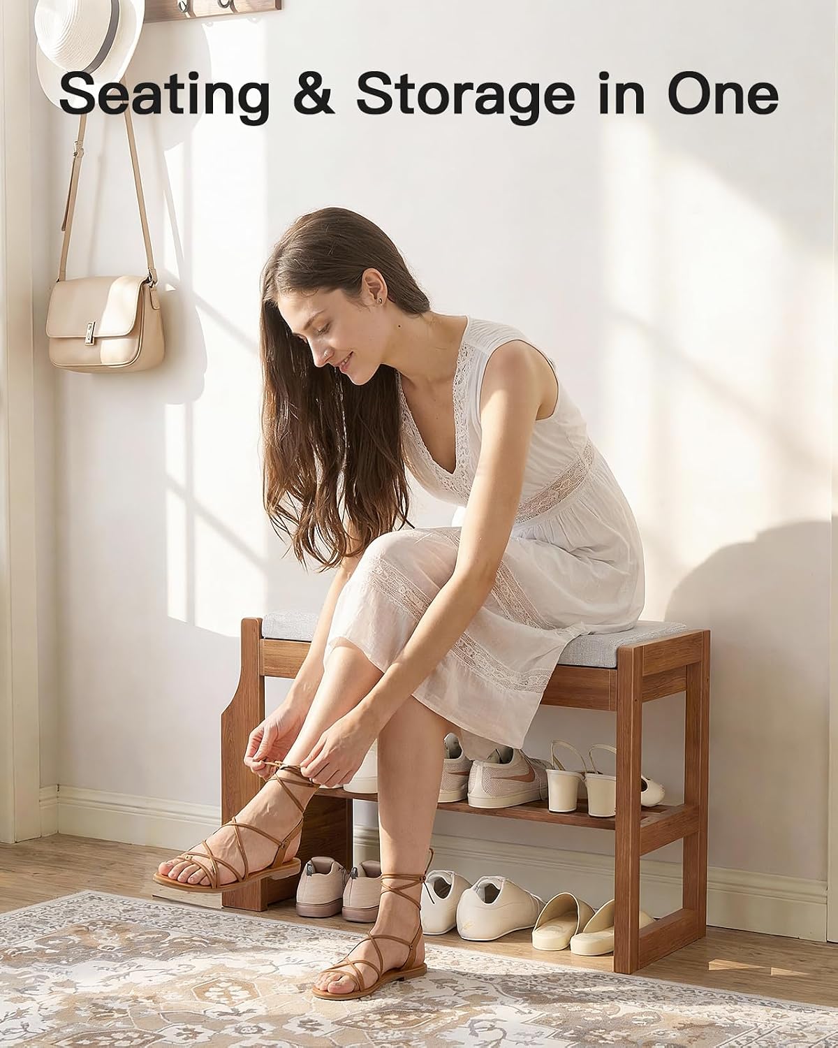 Pine Wood Cushioned Entryway Shoe Bench