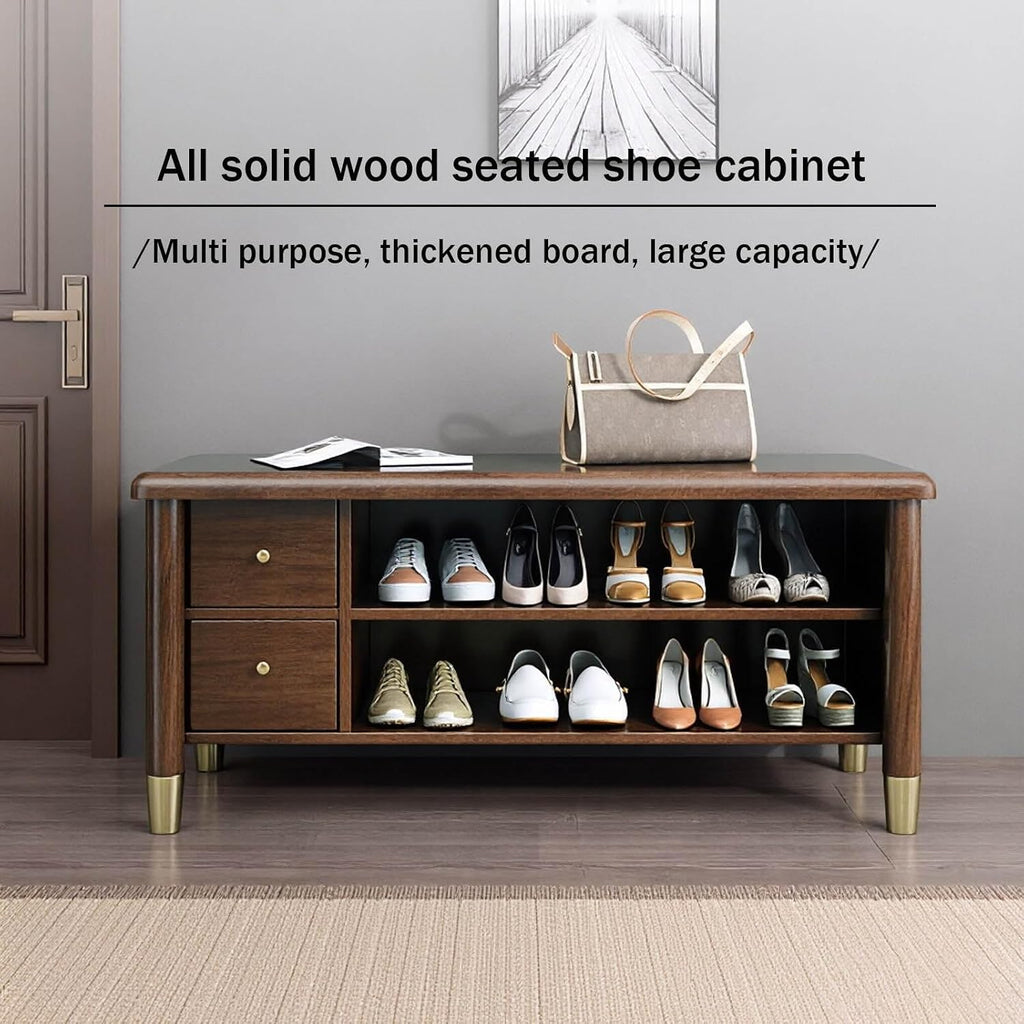 Walnut Wooden Padded Entryway Shoe Storage Bench