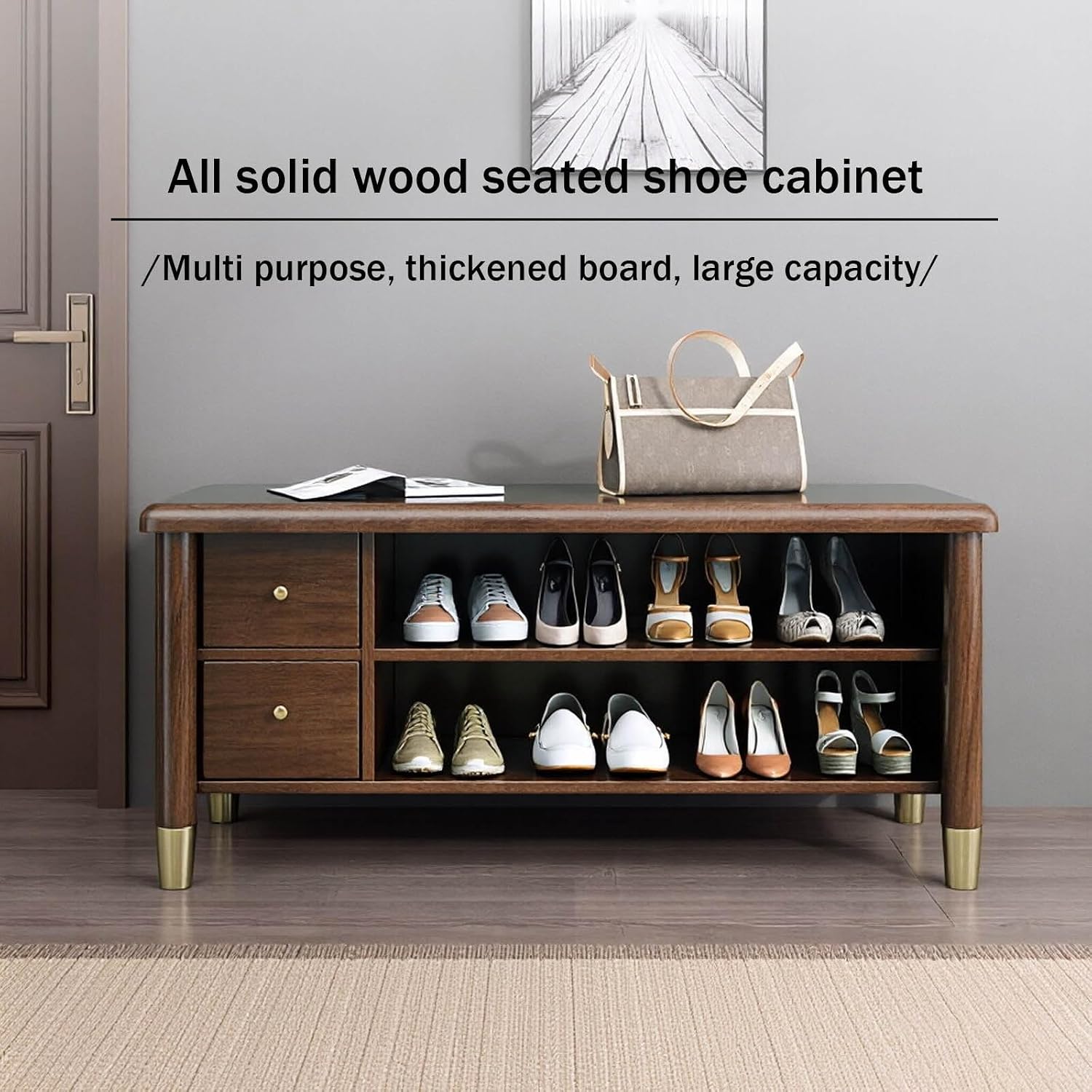 Walnut Wooden Padded Entryway Shoe Storage Bench