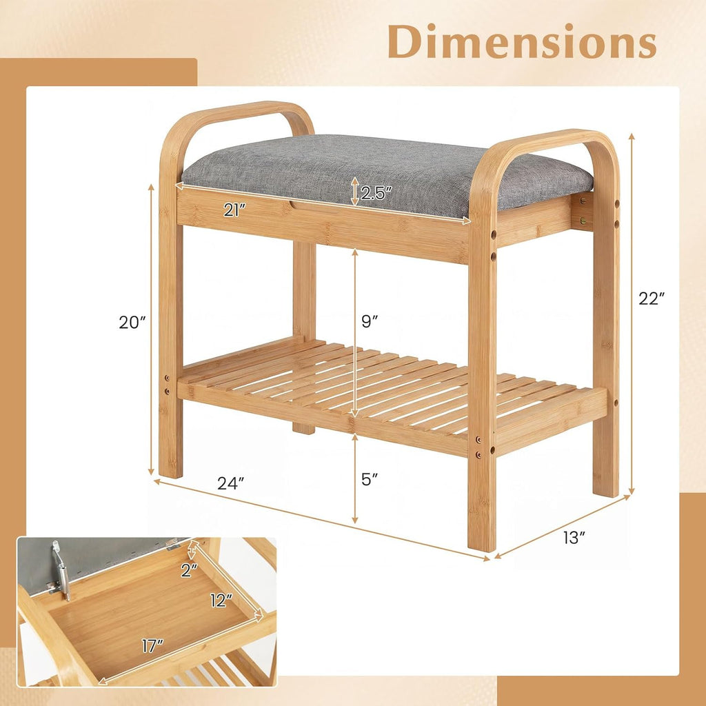 Natural Bamboo Flip Top Cushioned Shoe Bench