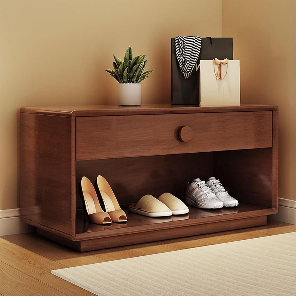 Walnut Wooden Storage Entryway Shoe Bench