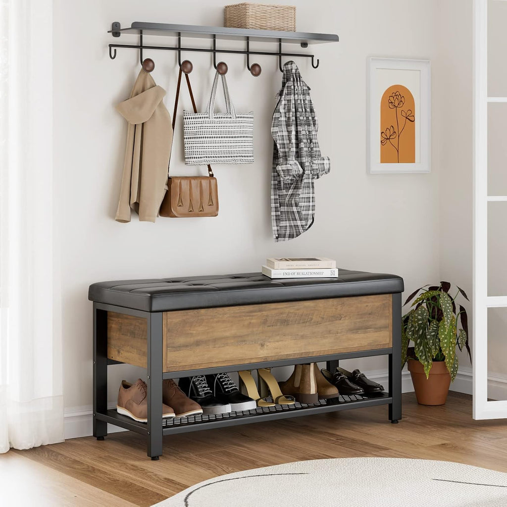 Rustic Brown Flip Top Cushioned Shoe Bench