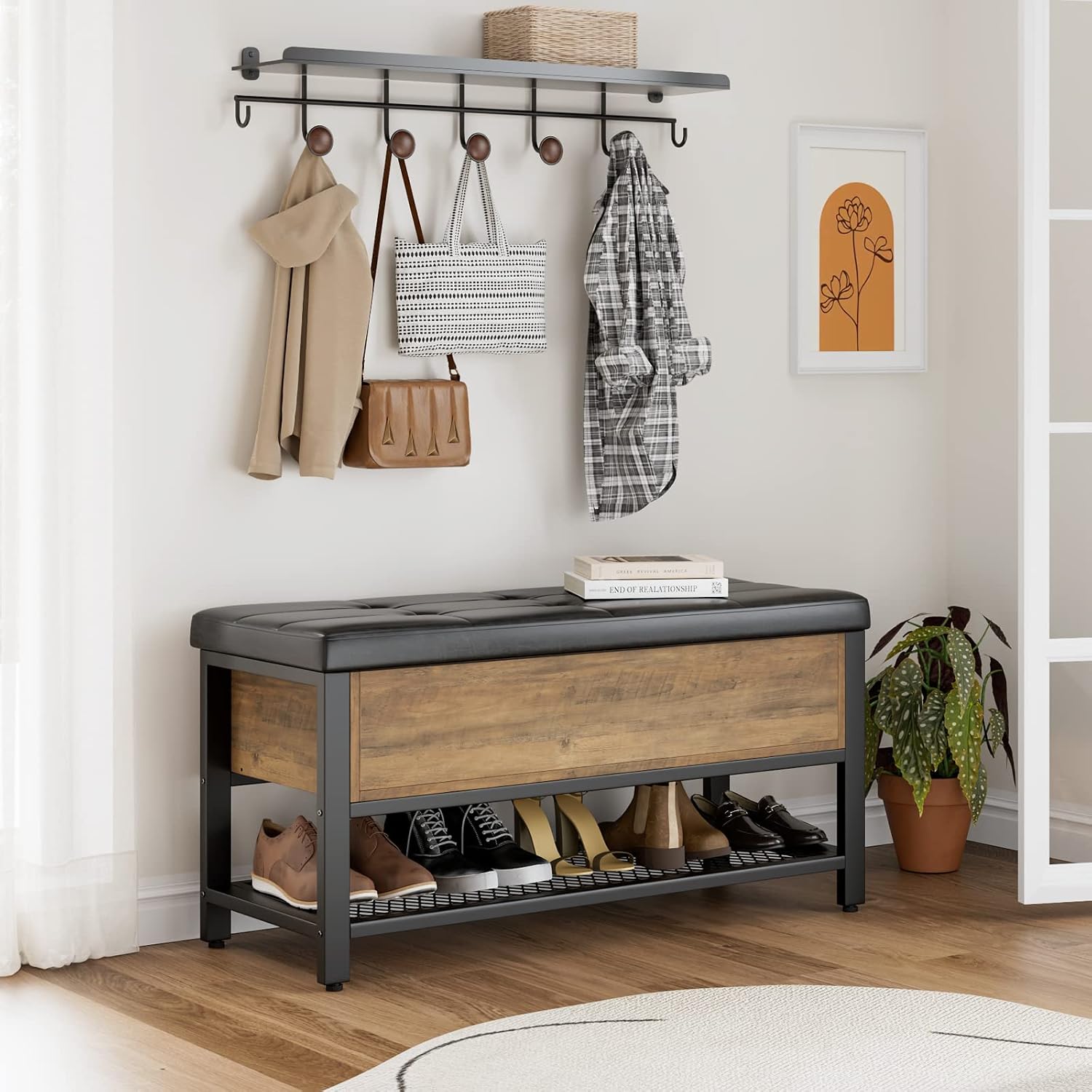 Rustic Brown Flip Top Cushioned Shoe Bench