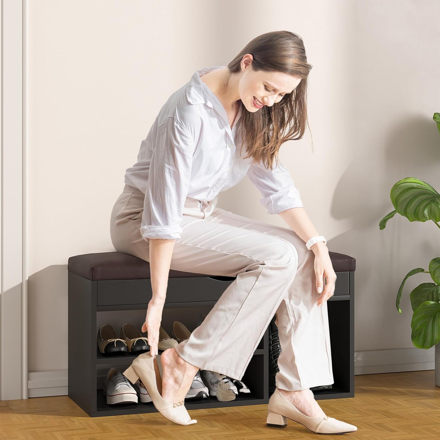 Wooden Cushioned 2 Tier Shoe Storage Bench