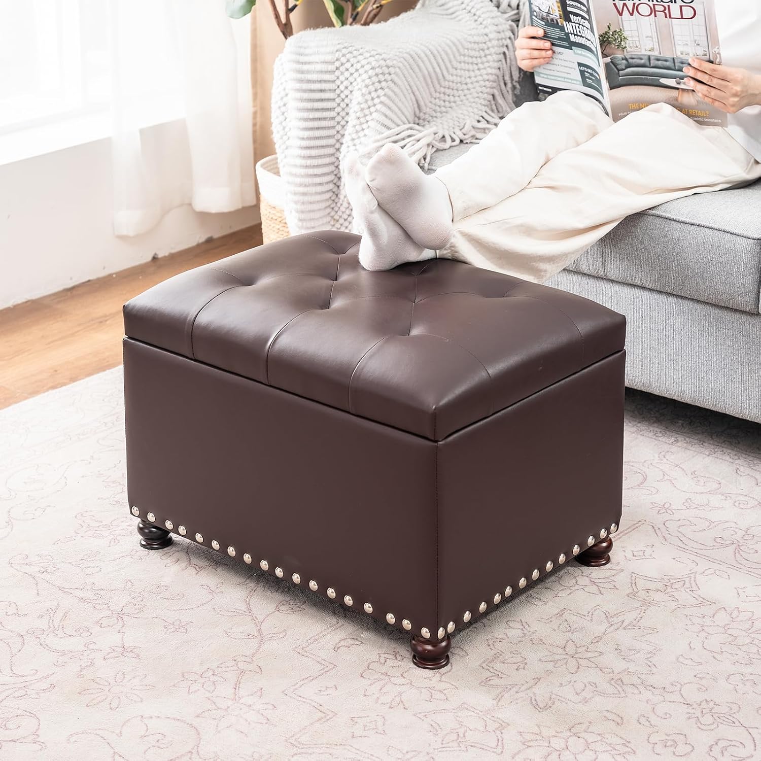 Brown Faux Leather Rectangular Storage Ottoman Bench