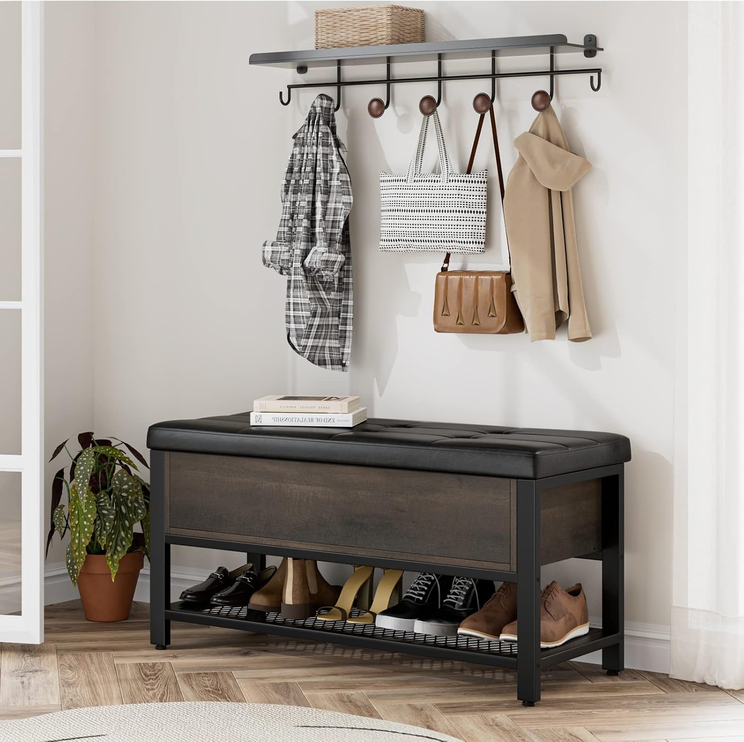 Dark Brown Flip Top Cushioned Shoe Bench