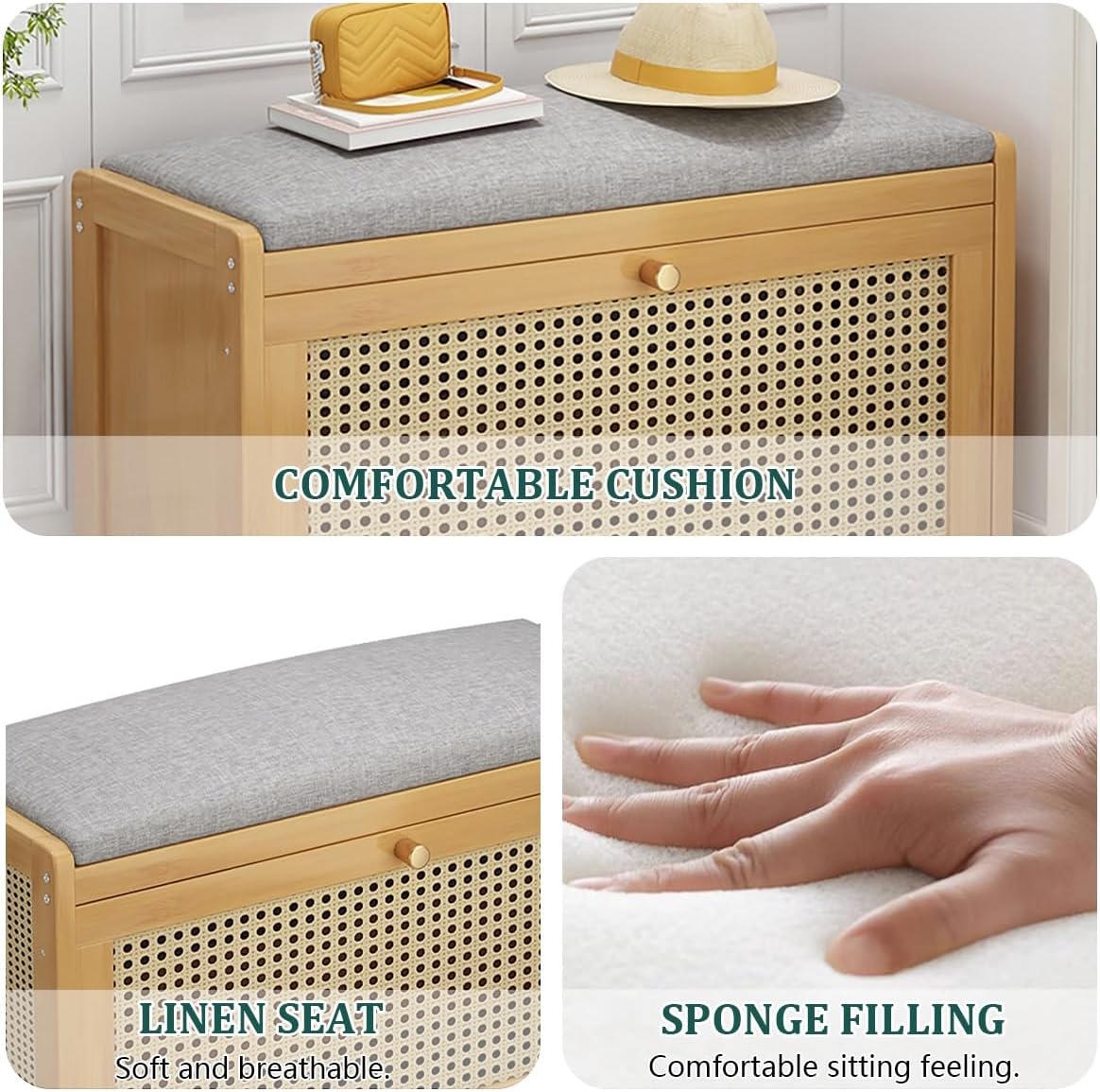 Linen Upholstered Entryway Shoe Storage Bench