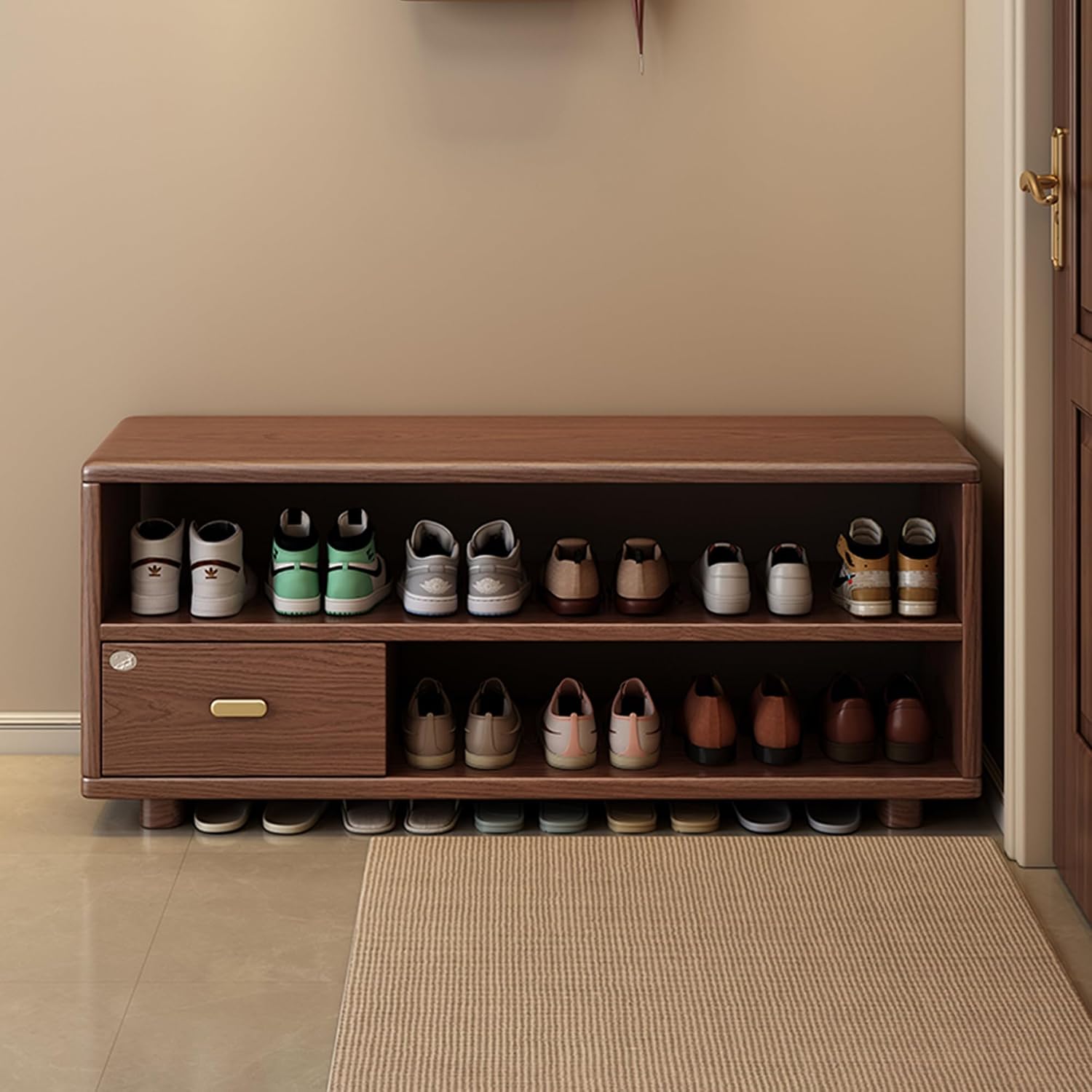 Walnut Wooden Drawer Entryway Shoe Storage Bench