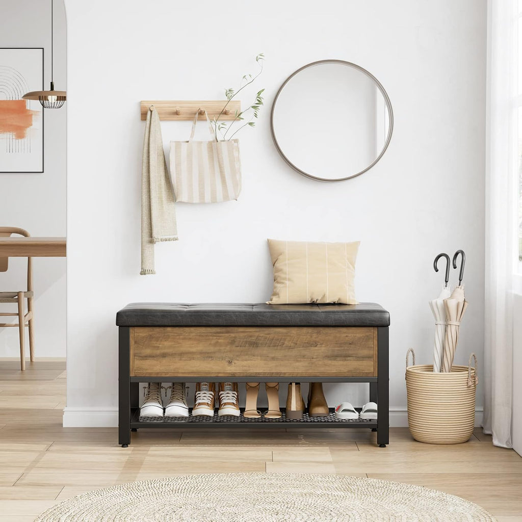 Rustic Brown Flip Top Cushioned Shoe Bench