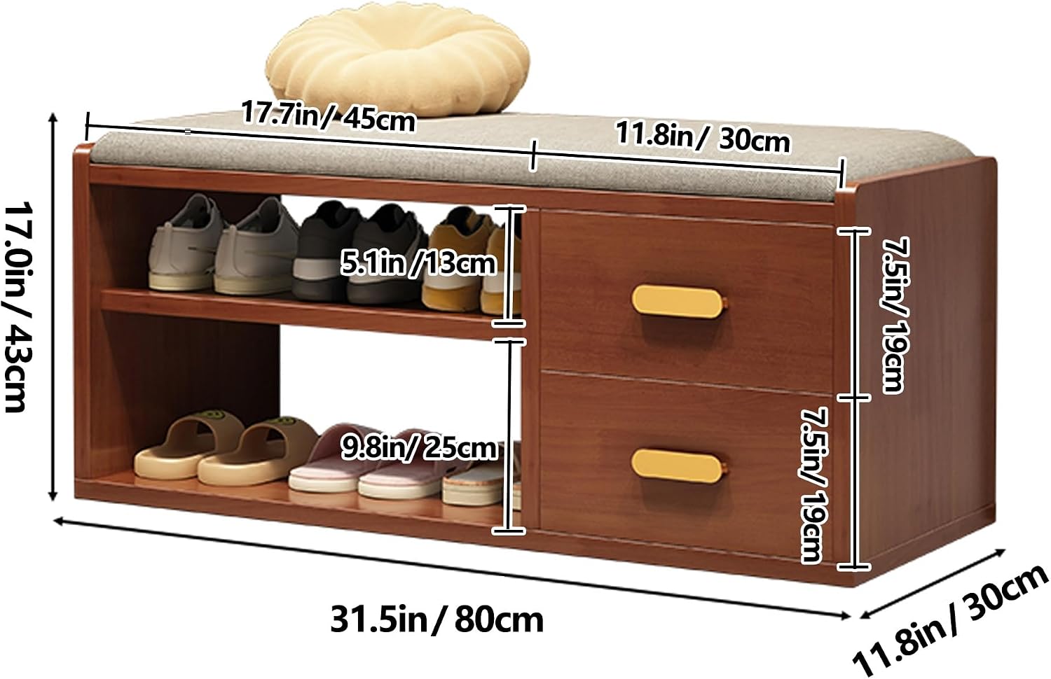 Walnut Cushioned Entryway Storage Shoe Bench