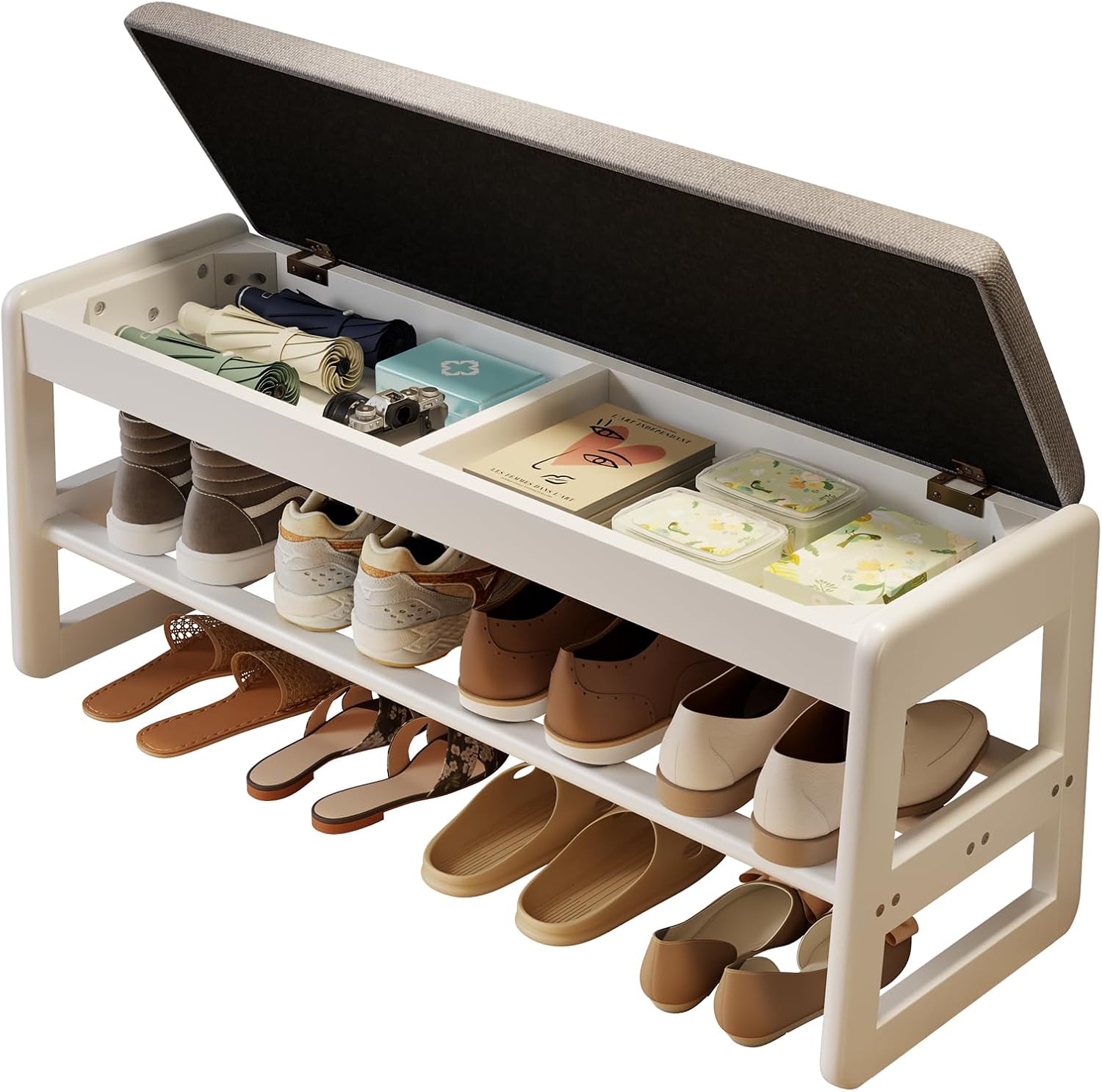 White Upholstered Flip Top Shoe Storage Bench