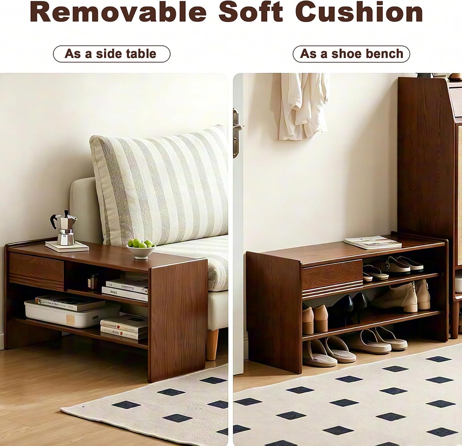 Green Wooden Tiered Cushioned Shoe Storage Bench