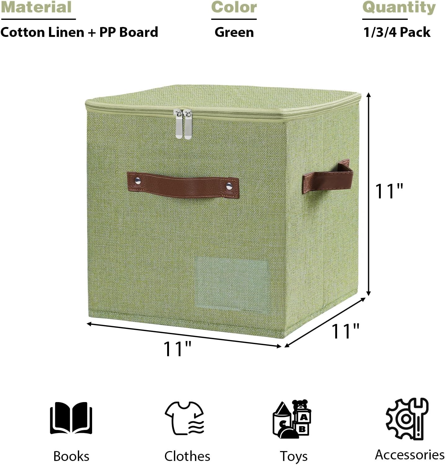 Green Linen Zipper Lidded Storage Cubes