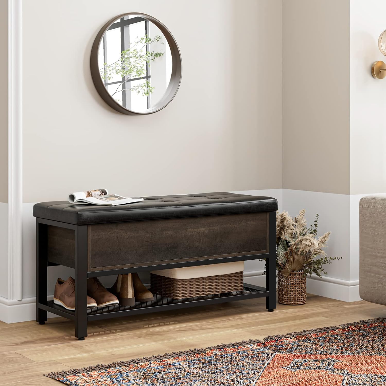 Dark Brown Flip Top Cushioned Shoe Bench
