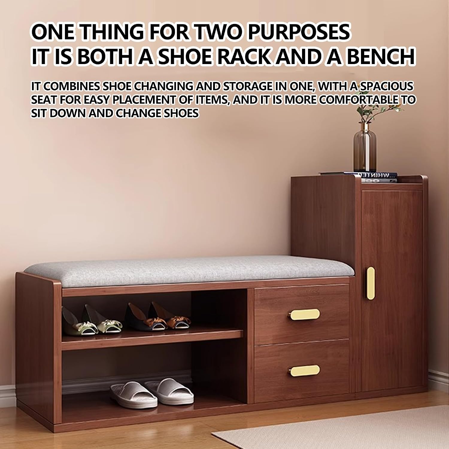 Walnut Cushioned Entryway Storage Shoe Bench