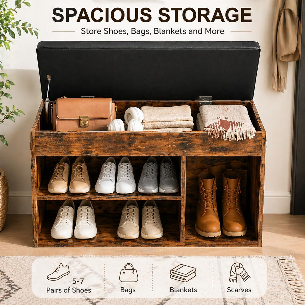 Rustic Brown Lift Top Shoe Storage Bench