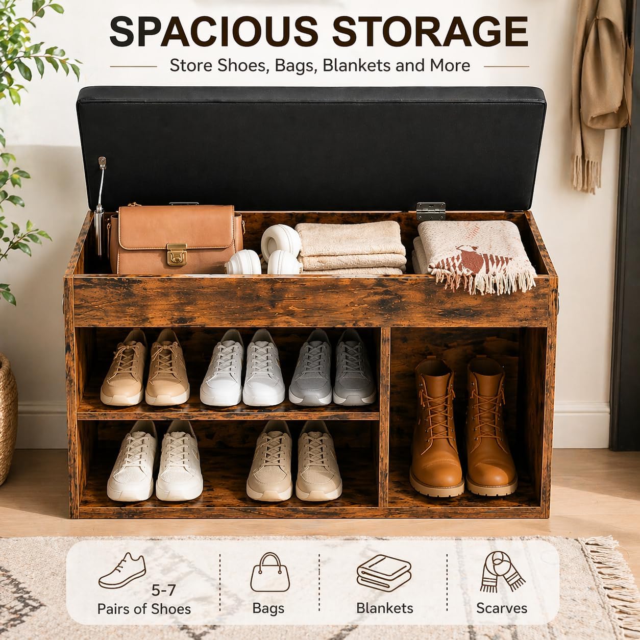 Rustic Brown Lift Top Shoe Storage Bench