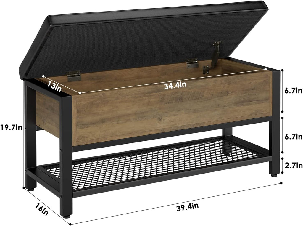 Rustic Brown Flip Top Cushioned Shoe Bench