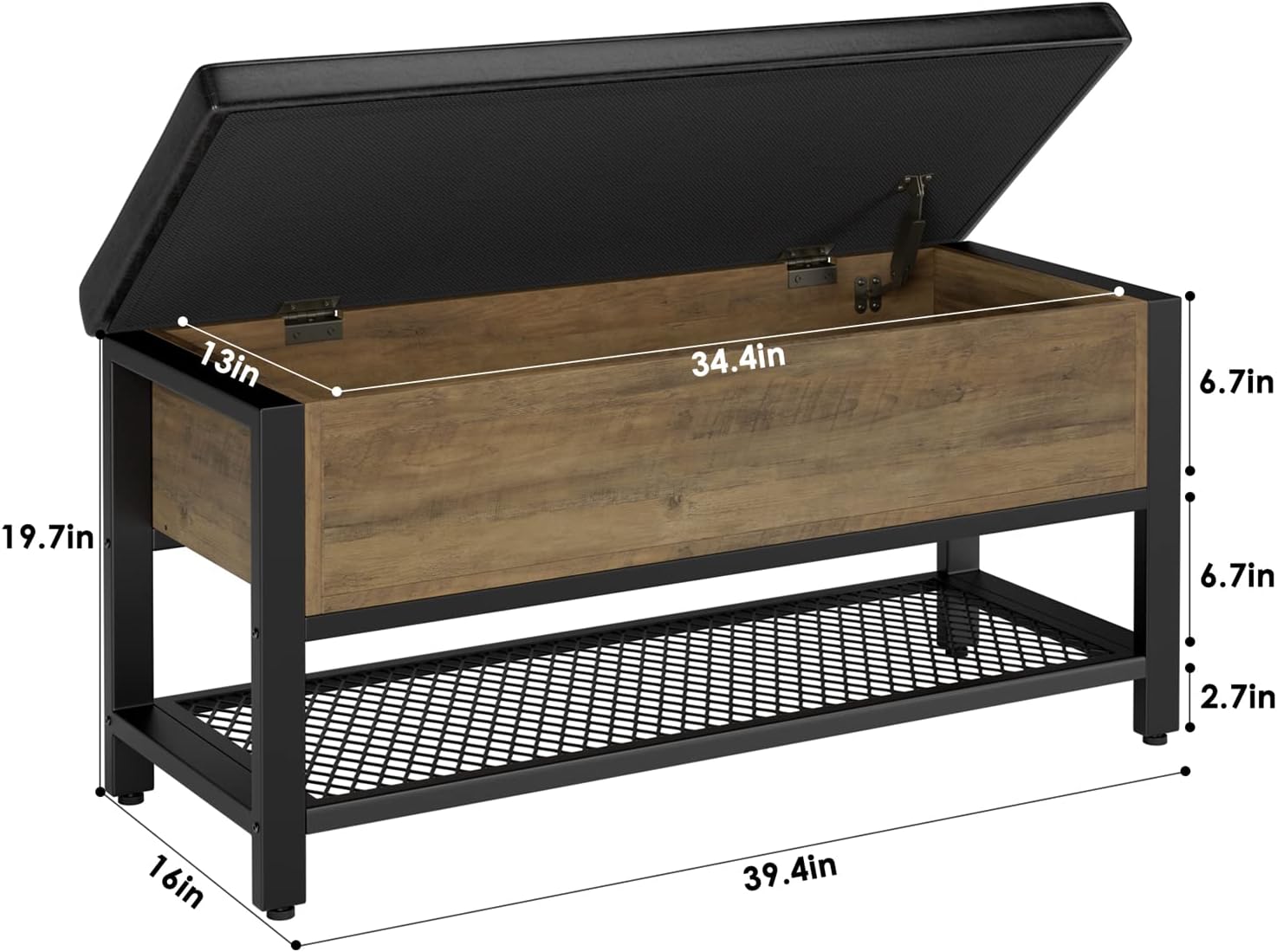 Rustic Brown Flip Top Cushioned Shoe Bench