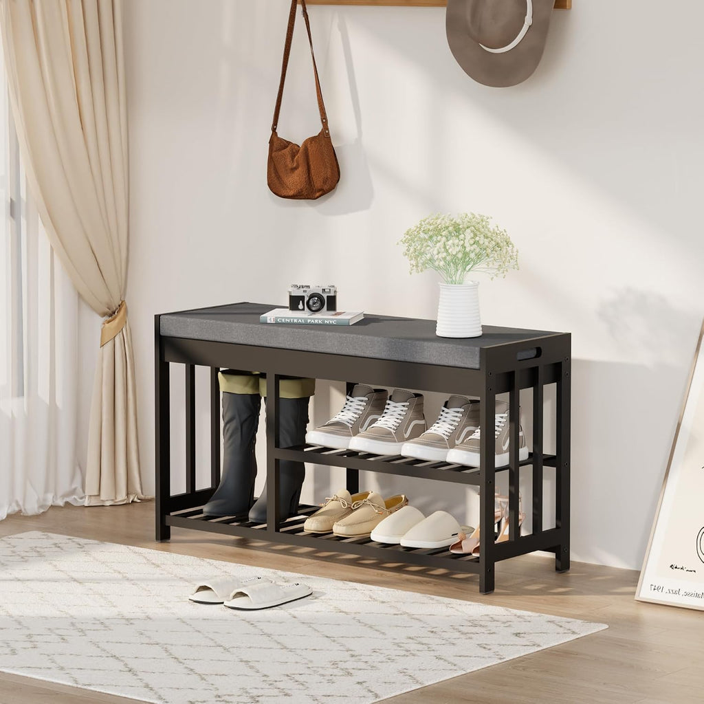 Bamboo Cushioned Flip Top Shoe Storage Bench