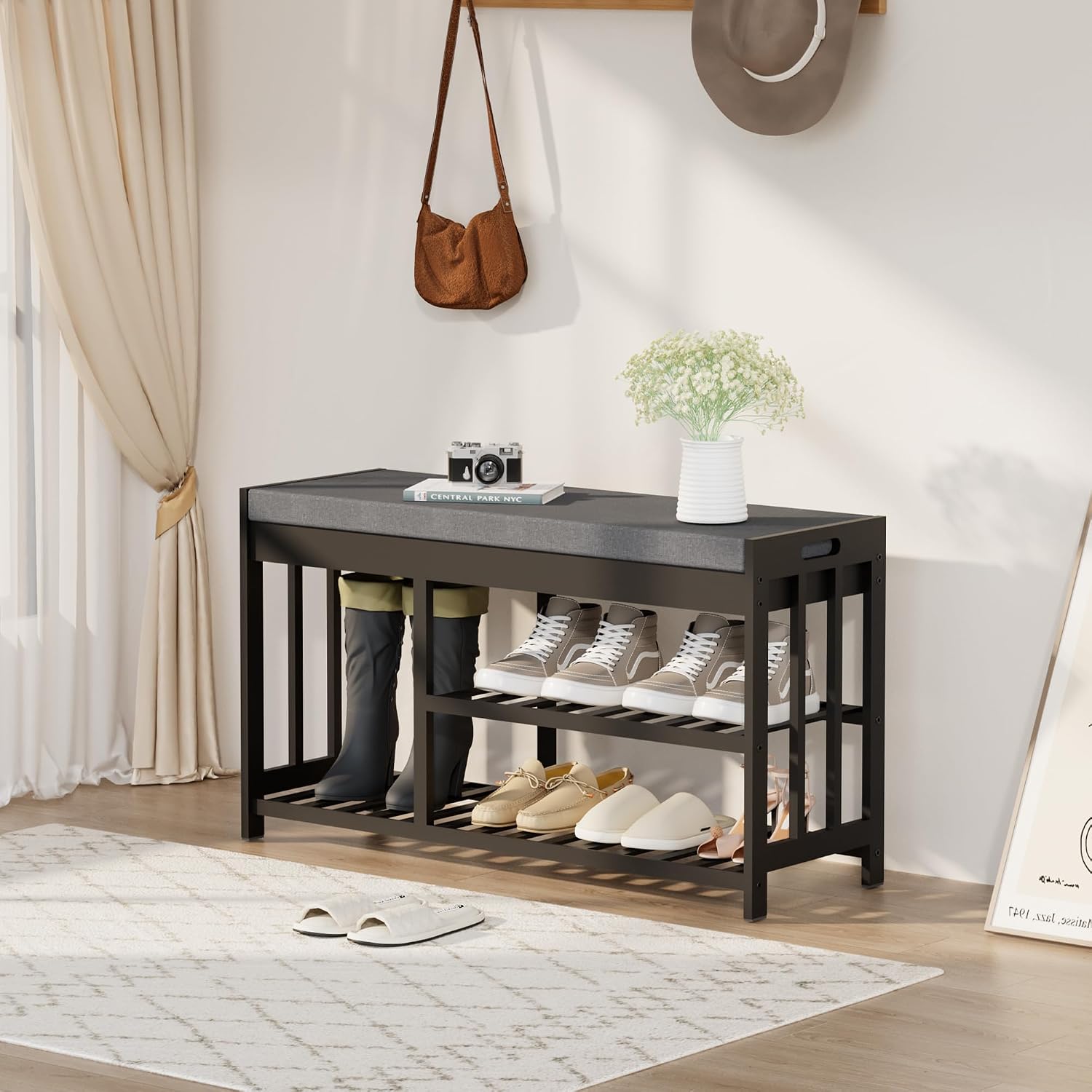 Bamboo Cushioned Flip Top Shoe Storage Bench