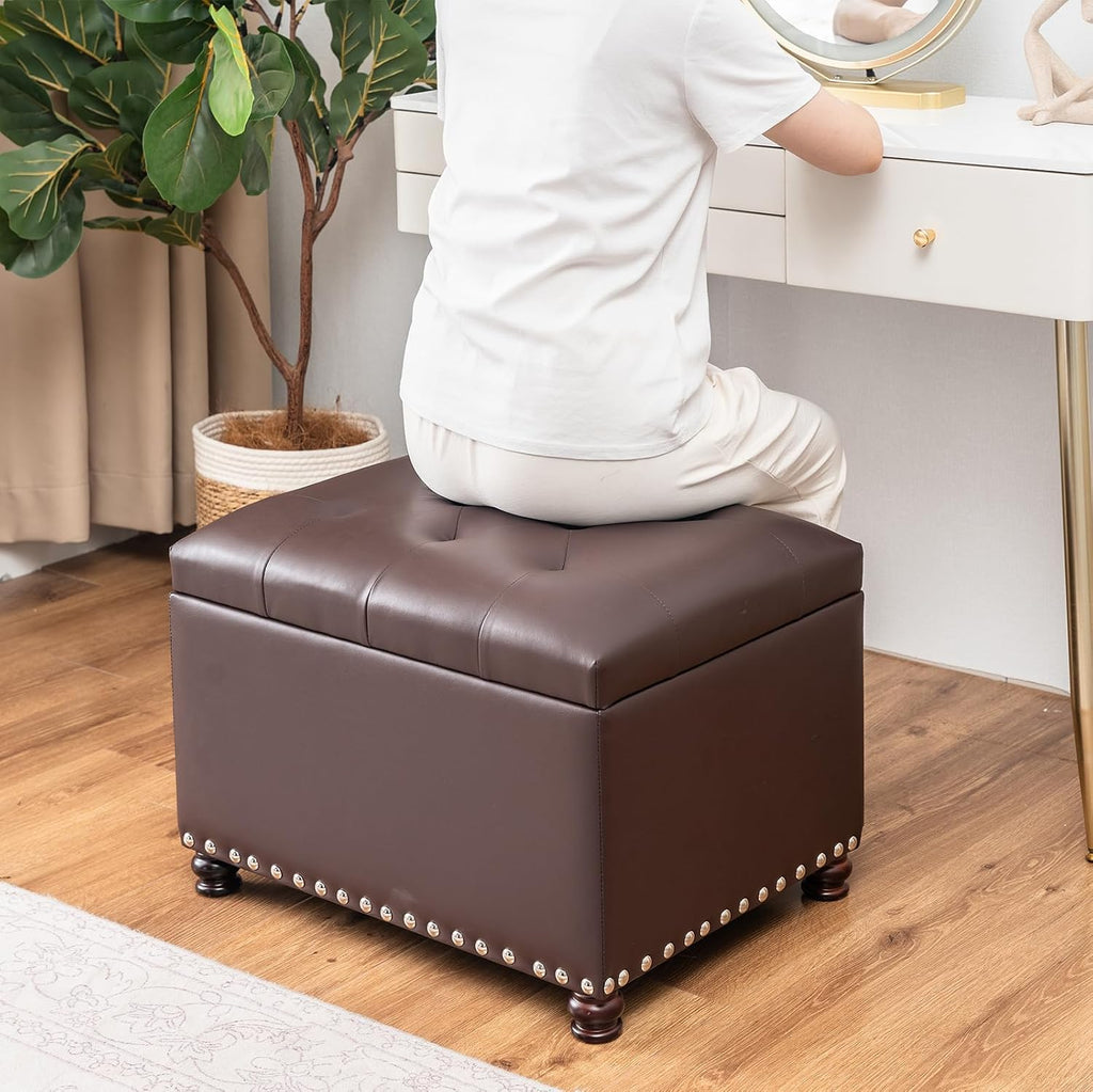 Brown Faux Leather Rectangular Storage Ottoman Bench
