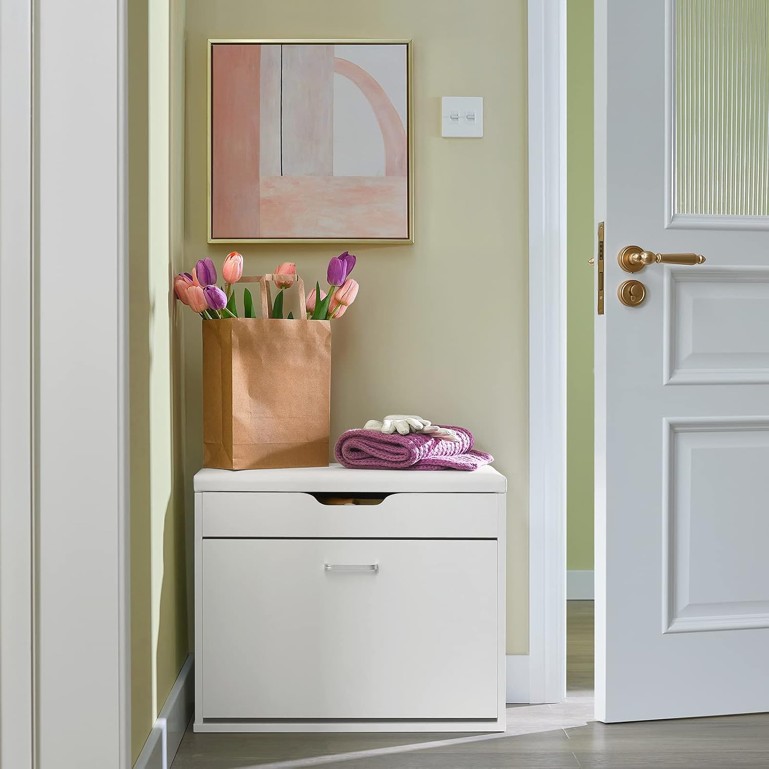 White Narrow Padded Foldable Shoe Storage Bench