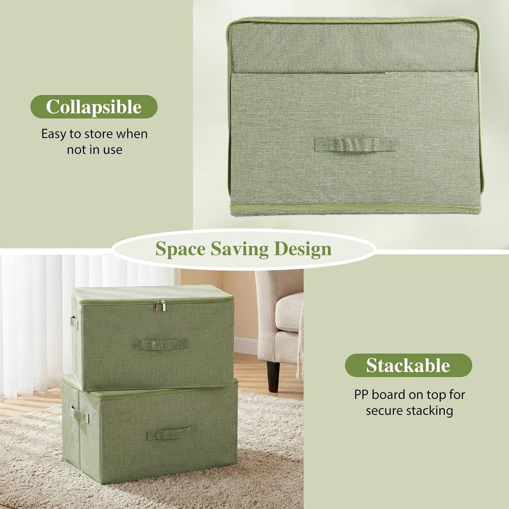 Green Linen Framed Zipper Fabric Storage Bins
