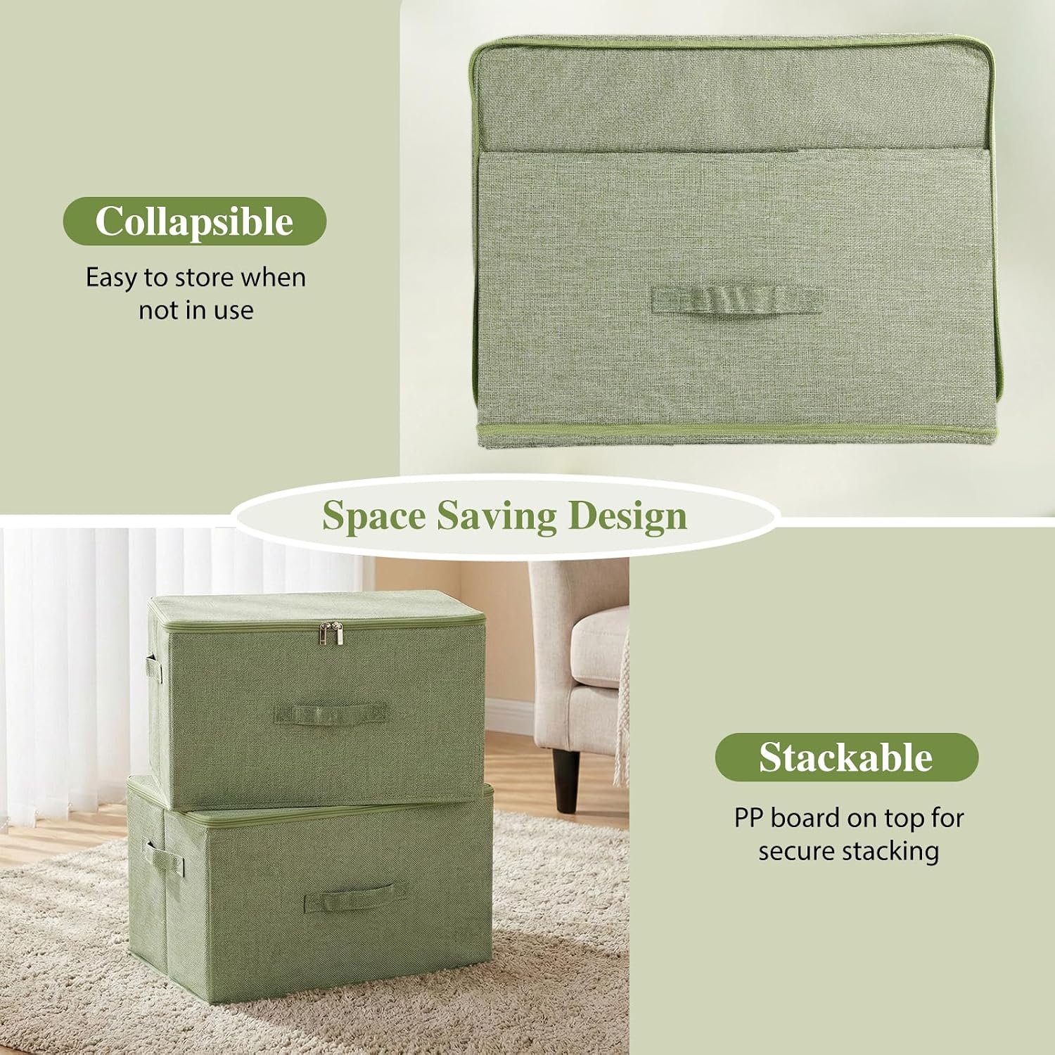 Green Linen Framed Zipper Fabric Storage Bins