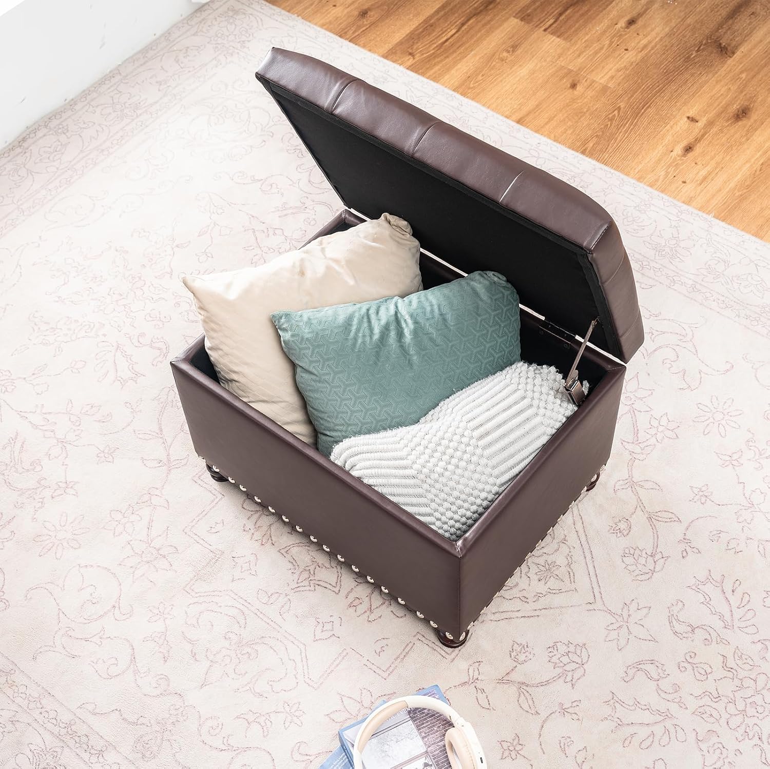 Brown Faux Leather Rectangular Storage Ottoman Bench