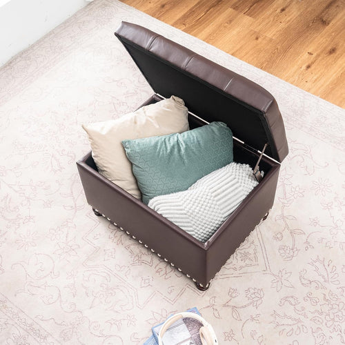 Brown Faux Leather Rectangular Storage Ottoman Bench