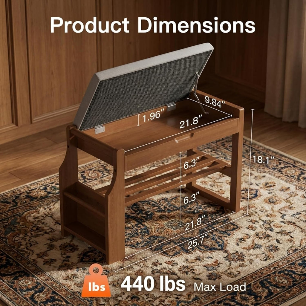 Pine Wood Cushioned Entryway Shoe Bench