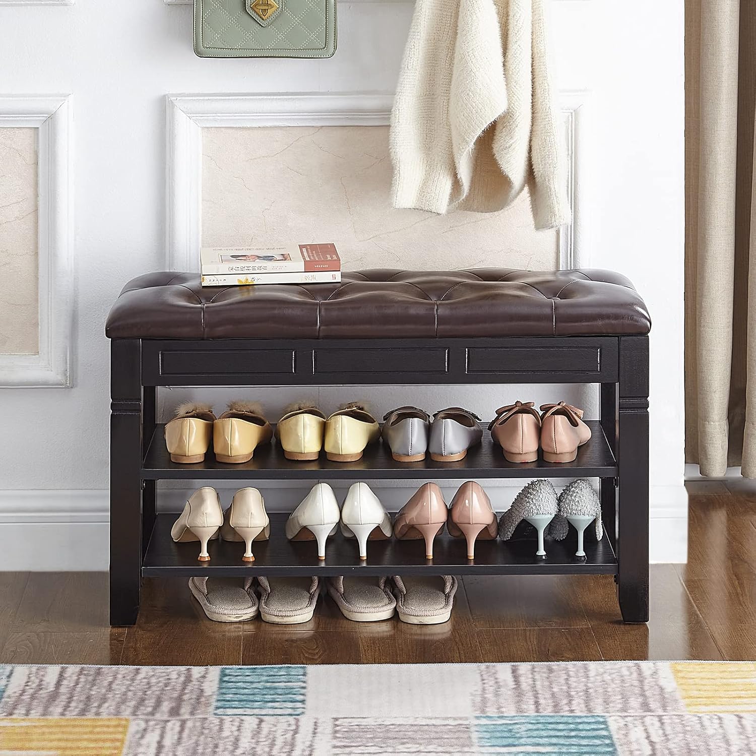 Cushioned Wooden Entryway Shoe Storage Bench